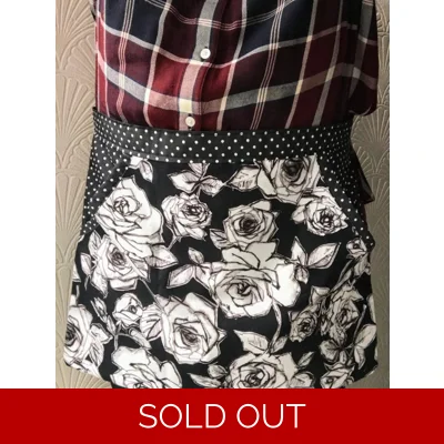 Black white roses half apron and tie waist peg apron fully lined cotton pinny, letter box gift made
